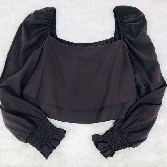 GIANNI BINI Brown Cropped Peasant Blouse Top Puff Sleeve Square Neck Small New - Picture 4 of 11